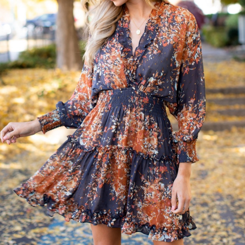 Date At The Vineyard Grey And Rust Floral Dress